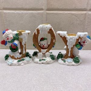 Playing Snowmen JOY Resin Figures 3 pcs Holiday Christmas Candle Holders